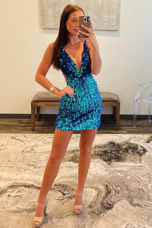 Gorgeous Sparkly Deep V-Neck Sequin Mini Tight Homecoming Dress