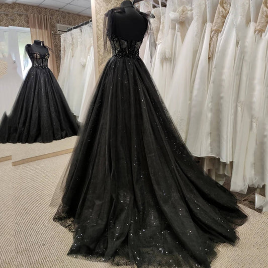 Gothic Tulle Black Party Dress,Prom Evening Dresses,Glitter A-Line Party Dress,Maxi Corset Dress