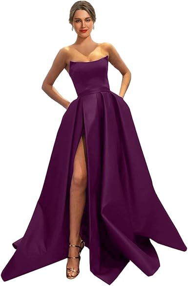 Womens Long Strapless Satin Prom Dress Sleeveless Slit Evening Ball Gown Off Shoulder Party Dress Wholesale