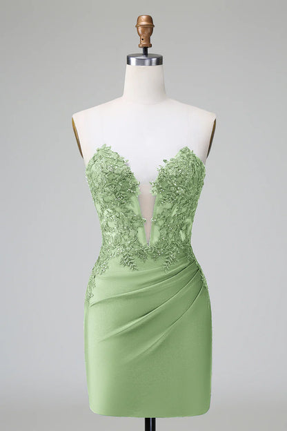 omberprom Homecoming Dress Classy Dark Green Bodycon Strapless Pleated with Beading