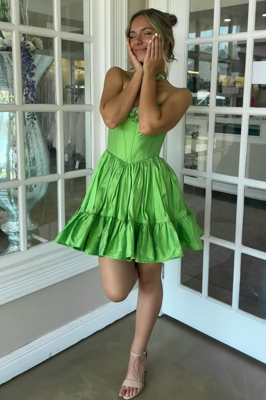 Green A-Line Strapless Corset Homecoming Dress with Beaded Brooch