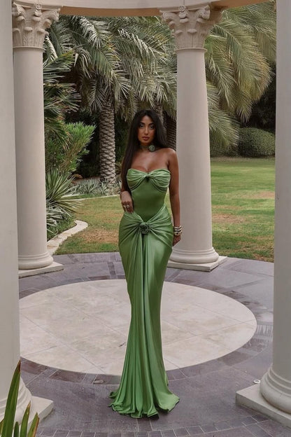 Green Ruched Bodice Mermaid Draped Maxi Prom Dress with Rosette Detail