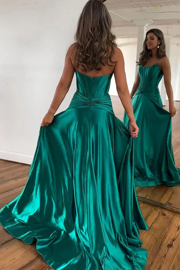 omberprom Elegant Green A-Line Evening Dress Strapless Zipper Back Long Satin Prom Dress With Split