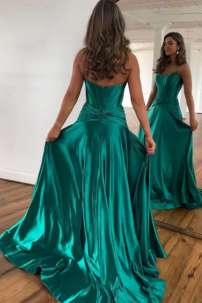 omberprom Elegant Green A-Line Evening Dress Strapless Zipper Back Long Satin Prom Dress With Split