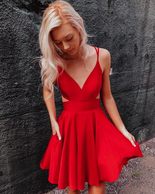 PM274,A-Line Homecoming Dresses,Red Homecoming Dress,V-Neck Graduation Dresses