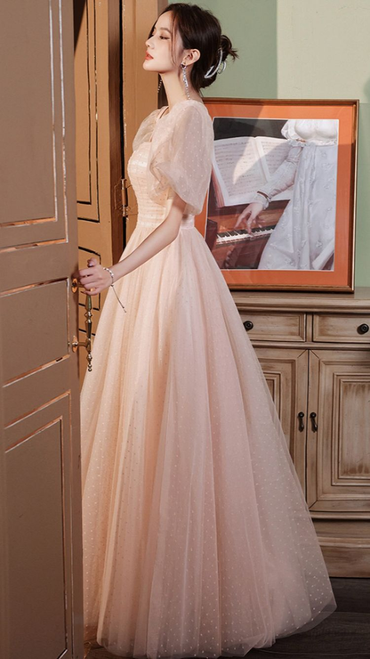 Pink tulle long A line prom dress pink evening gown Y1926