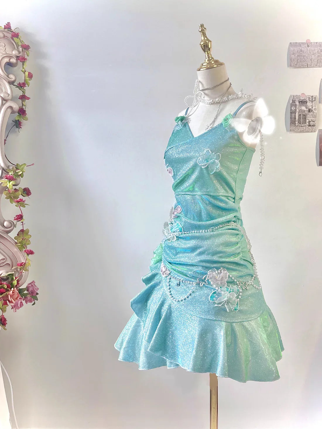 Fashion Mint Green Sparkling Sequin Spaghetti Strap Ruffled Hem Short 16th Birthday Party Dress Homecoming Dress TP4039