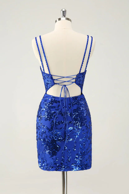 omberprom Fashion Homecoming Dress Royal Blue Spaghetti Straps Lace Up with Slit