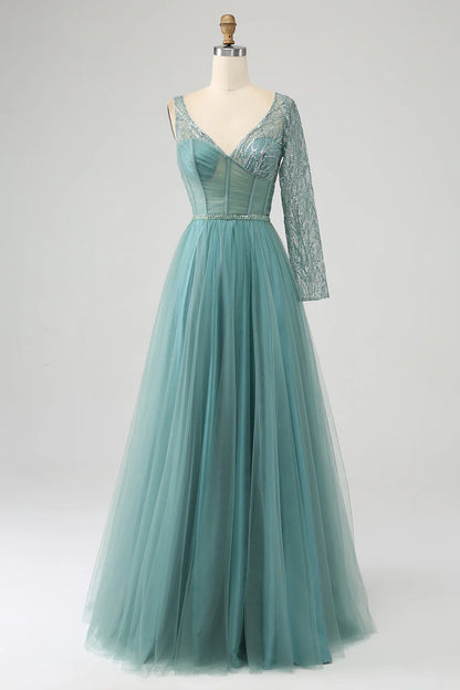 omberprom Grey Green A-Line Sparkly Sequin Long Corset Prom Dress