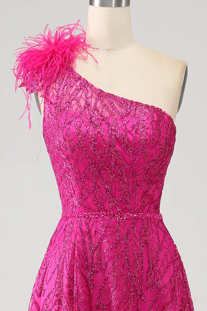 omberprom A-Line Evening Dress One Shoulder Feather Sequin Fuchsia Prom Dress With Slit