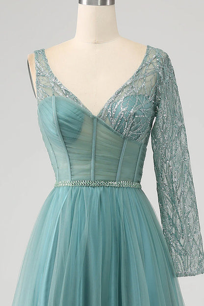 omberprom Grey Green A-Line Sparkly Sequin Long Corset Prom Dress
