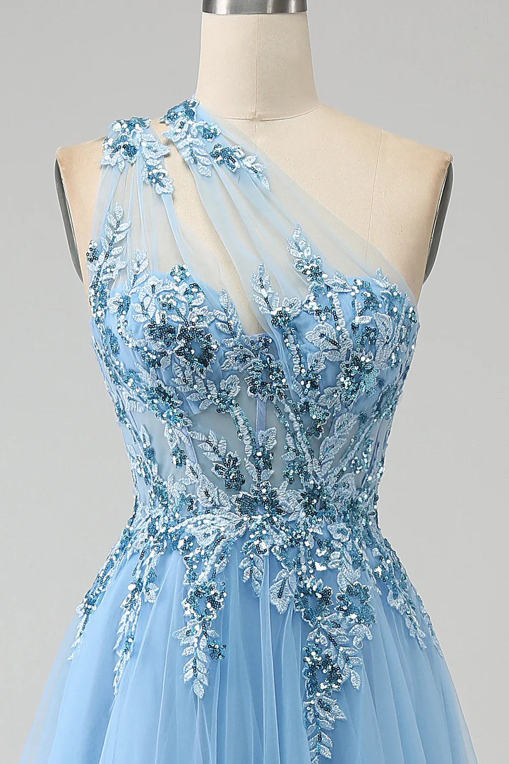 omberprom Light Blue A-Line Evening Dress One Shoulder Sequin Prom Dress with Appliques