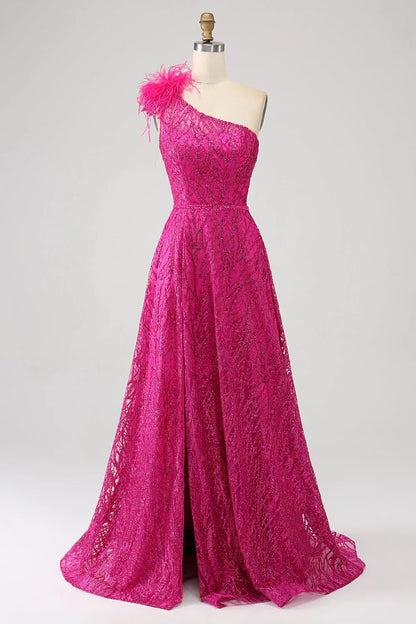 omberprom A-Line Evening Dress One Shoulder Feather Sequin Fuchsia Prom Dress With Slit