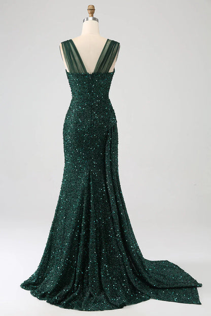 omberprom Sparkly Dark Green Long Prom Dress Sheath Sequin Pleated With Thigh Split