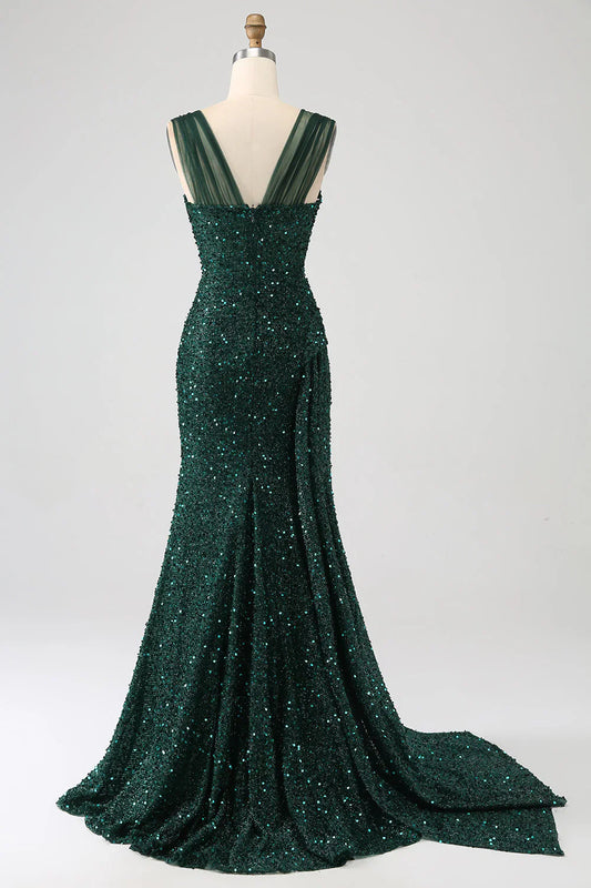 omberprom Sparkly Dark Green Long Prom Dress Sheath Sequin Pleated With Thigh Split