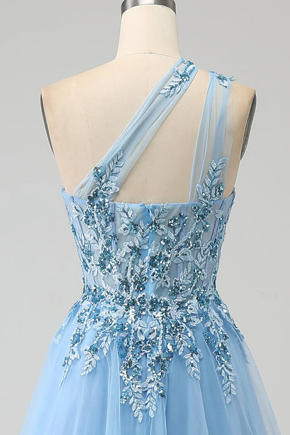 omberprom Light Blue A-Line Evening Dress One Shoulder Sequin Prom Dress with Appliques