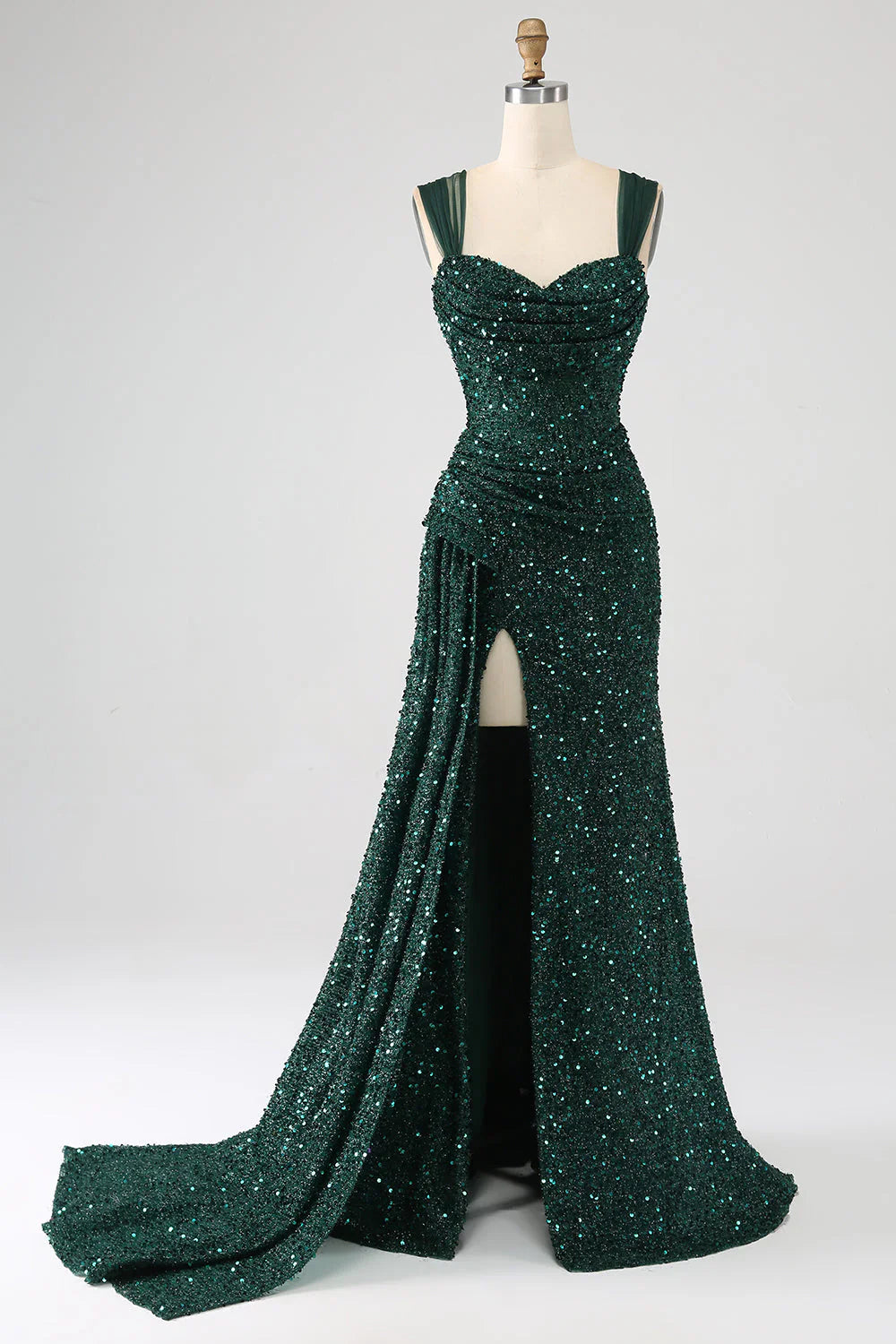 omberprom Sparkly Dark Green Long Prom Dress Sheath Sequin Pleated With Thigh Split