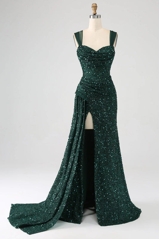 omberprom Sparkly Dark Green Long Prom Dress Sheath Sequin Pleated With Thigh Split