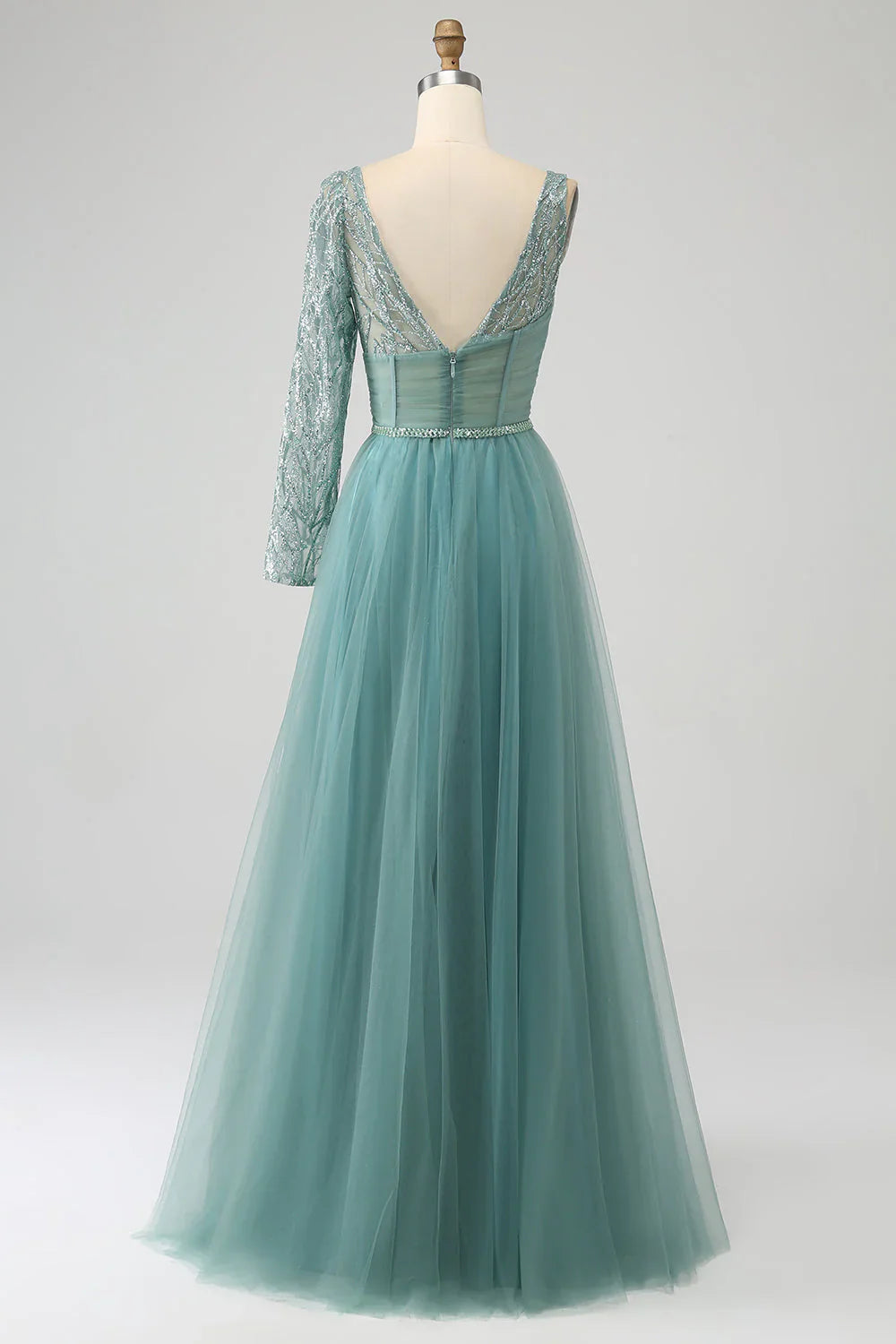omberprom Grey Green A-Line Sparkly Sequin Long Corset Prom Dress