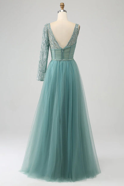 omberprom Grey Green A-Line Sparkly Sequin Long Corset Prom Dress
