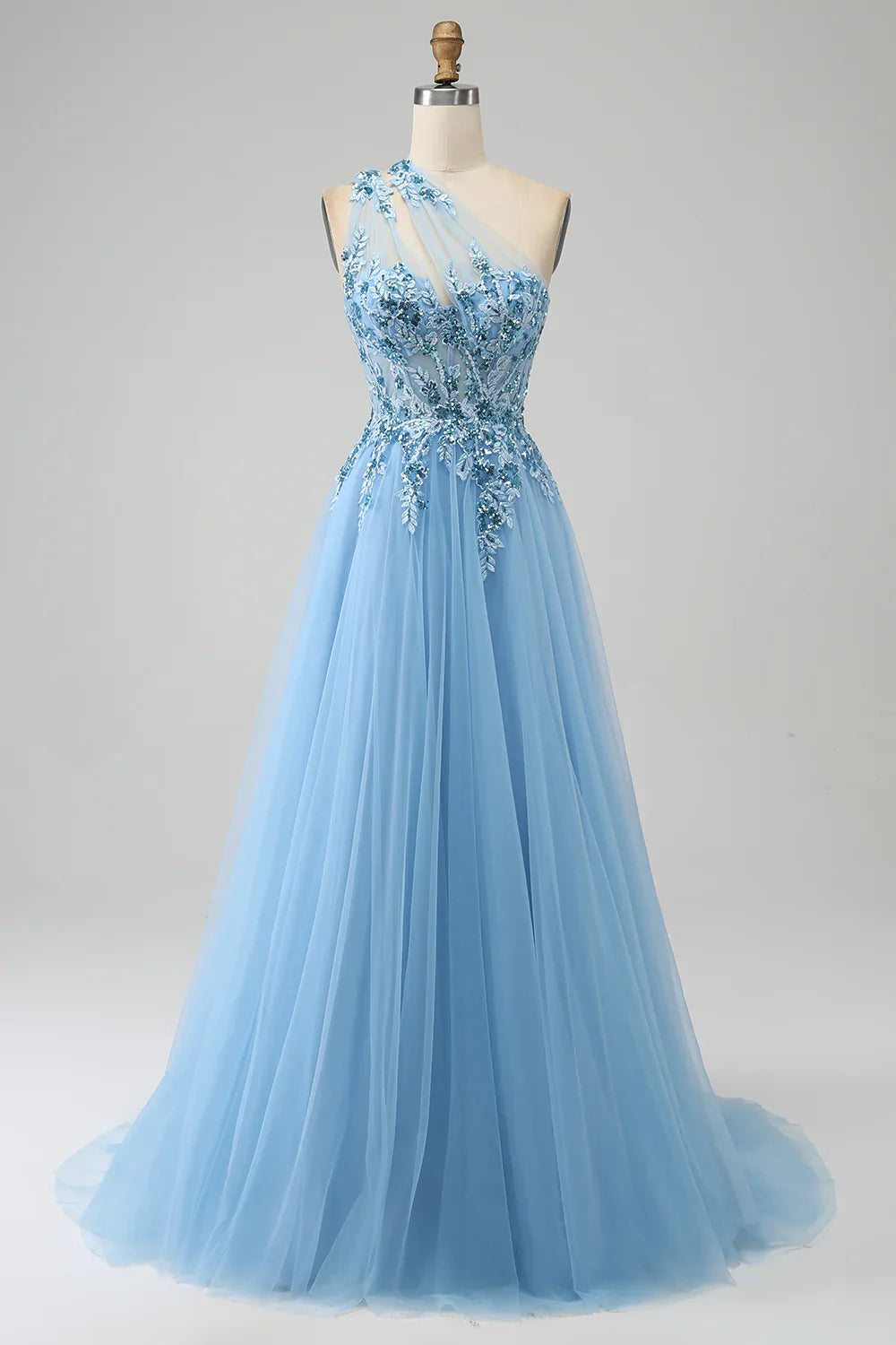omberprom Light Blue A-Line Evening Dress One Shoulder Sequin Prom Dress with Appliques