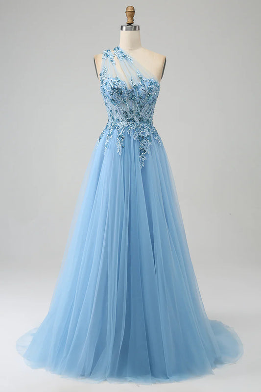 omberprom Light Blue A-Line Evening Dress One Shoulder Sequin Prom Dress with Appliques