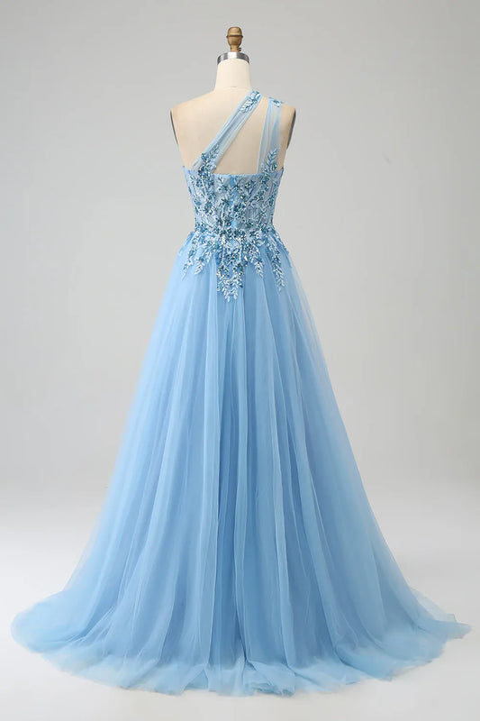 omberprom Light Blue A-Line Evening Dress One Shoulder Sequin Prom Dress with Appliques