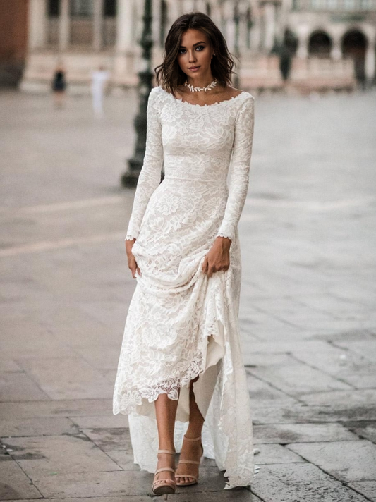 omberprom Elegant Long Sleeves Wedding Dresses with Sweep Train Charming Bridal Gown