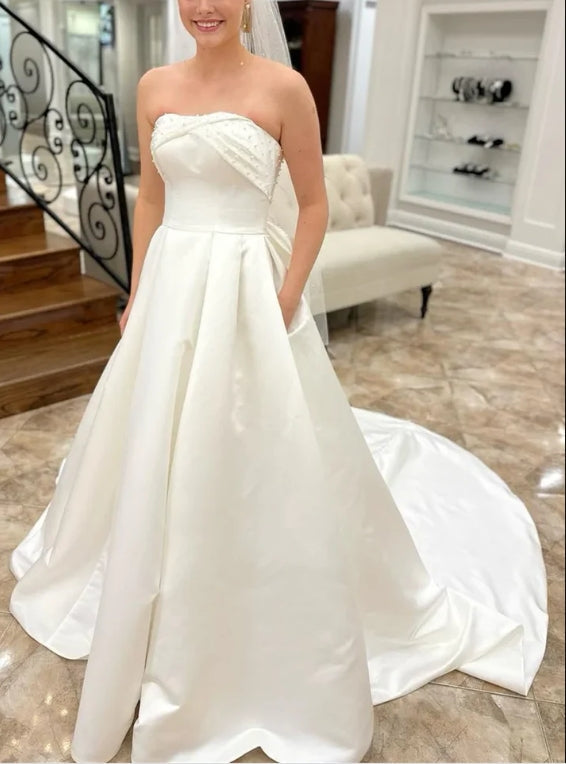 Strapless Bow-Back Pearls A-Line Wedding Dress Off Shoulder Charming No With Wedding Veil And Gloves