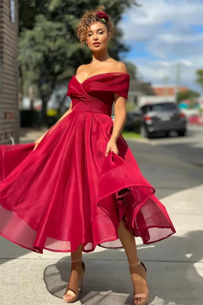 Burgundy Off The Shoulder A Line Short Evening Dress Cocktail Dress Sexy Party Dress Formal Dress