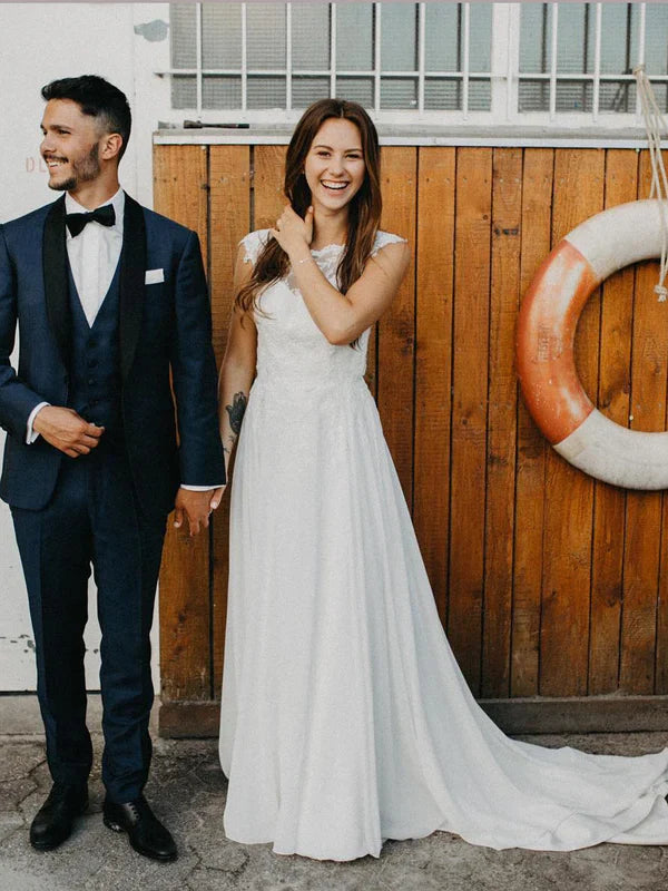 omberprom Chic A-line Backless Sweep Train Wedding Dresses With Cap Sleeves Elegant Bridal Gown