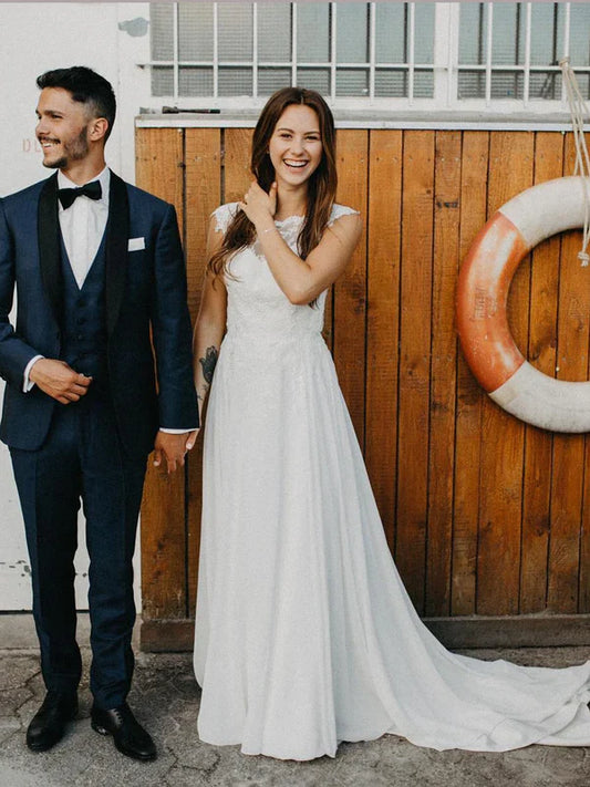 omberprom Chic A-line Backless Sweep Train Wedding Dresses With Cap Sleeves Elegant Bridal Gown