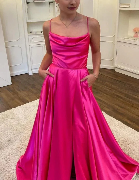 Fuchsia Scoop Neck Satin A-Line Long Party Dress with Slit Simple Evening Dress Wholesale