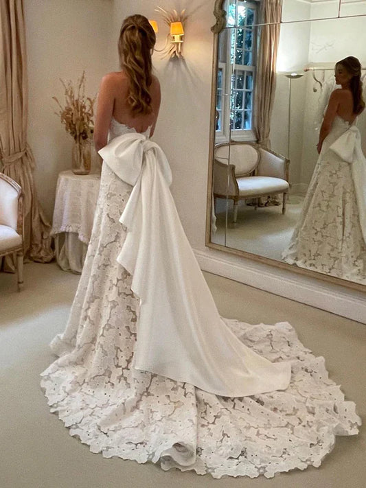 Floral Lace Strapless A Line Wedding Dress with Satin Bowtie Boho Wedding Gown Off Shoulder Elegant