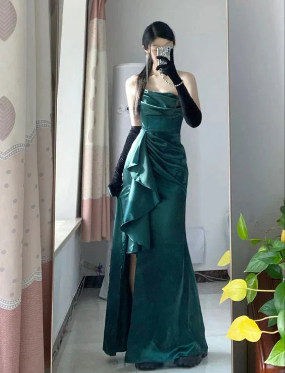 omberprom Elegant Formal Women's Dresses Green Long Satin Prom Dresses Evening Birthday Outfits No With Gloves