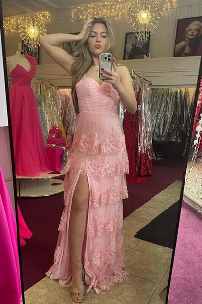 omberprom Sweetheart Spaghetti Straps Tiered Long Prom Dress with Slit Charming Evening Dress Wholesale