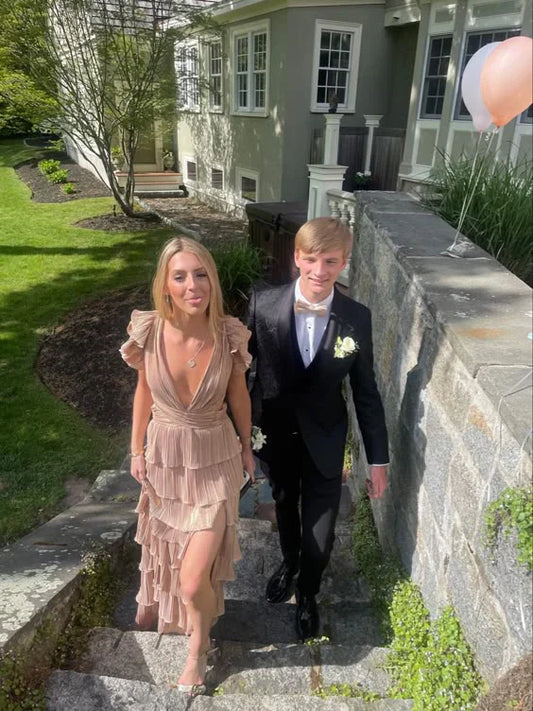 omberprom Elegant Deep V Neck A Line Layered Long Prom Dress Slit Party Dress Prom Dresses Shops