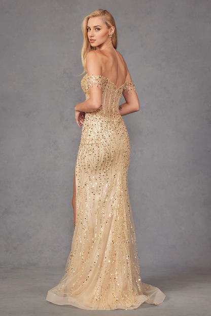 omberprom Elegant Evening Dress Fitted Sequin Off Shoulder Corset Slit Gown Prom Dresses