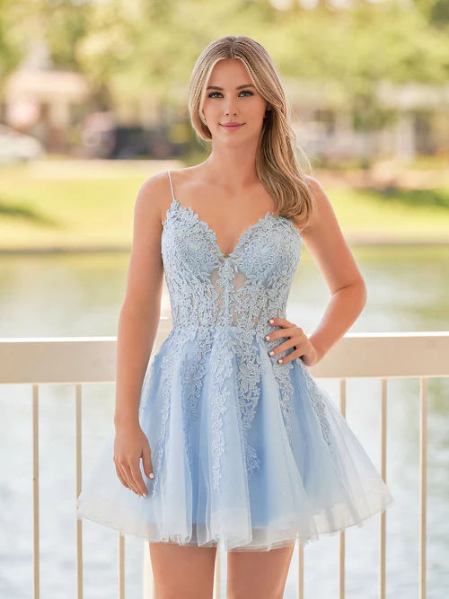omberprom A-Line Short Graduation Dresses Spaghetti-Straps Blue Homecoming Dress With Appliques