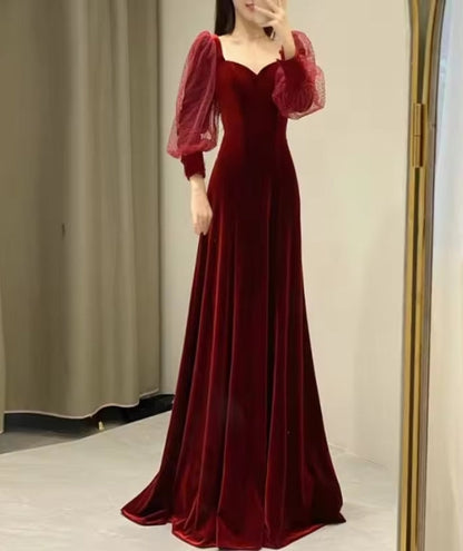 omberprom Wine Red Velvet Long Sleeves Floor Length Bridesmaid Dress Long Prom Dress Elegant Evening Party Dress