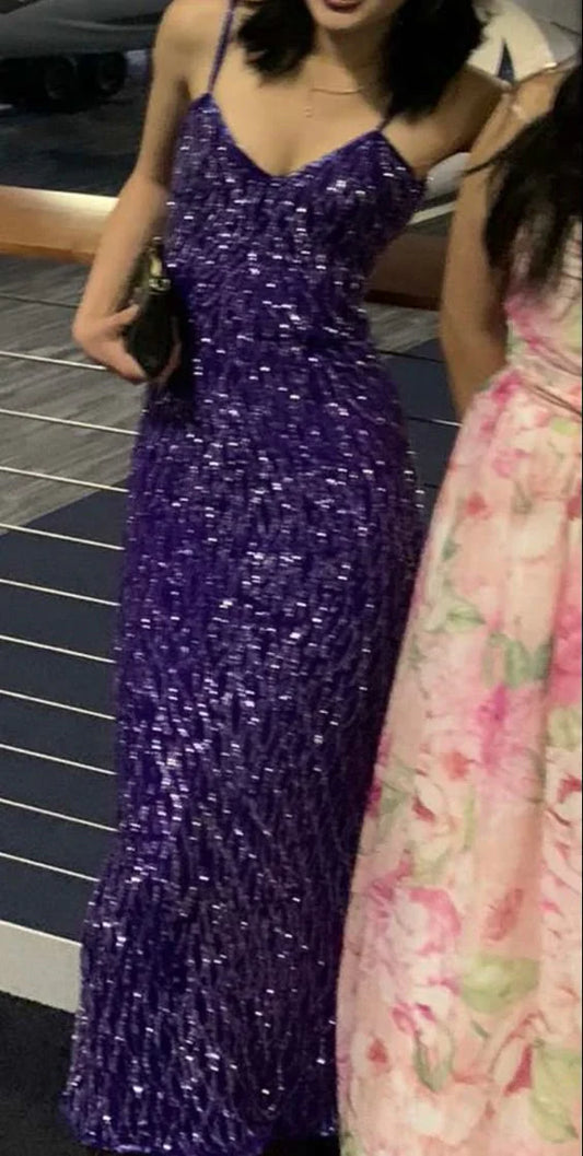 omberprom Elegant Formal Women's Dresses Spaghetti Straps Purple Sequin Long Prom Dress Sheath Evening Dress