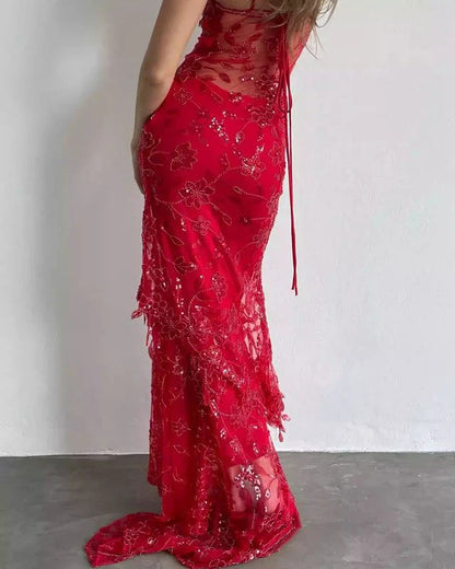 omberprom Elegant Sheath Spaghetti Straps Red Formal Dress Sparkly Long Prom Dresses Charming Party Evening Gowns