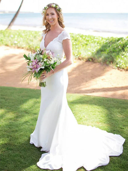 Wonderful V-neck Mermaid Wedding Dresses Satin Bridal Gowns Floor Length Elegant