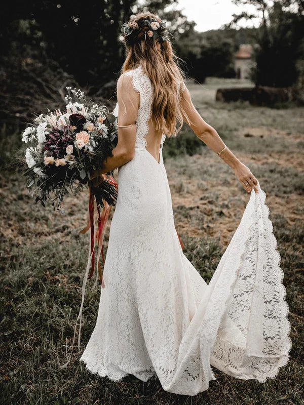 Fabulous Jewel Lace wedding Dresses Sleeveless Backless Bridal Gowns Elegant