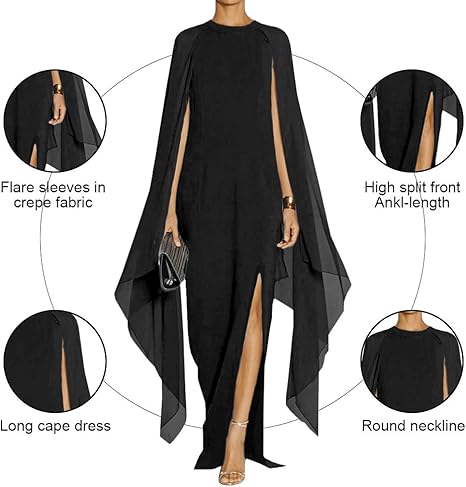 omberprom Women's Elegant Flare Sleeve Formal Evening Gowns Maxi Dress Simple Party Dress With Slit