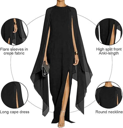 omberprom Women's Elegant Flare Sleeve Formal Evening Gowns Maxi Dress Simple Party Dress With Slit