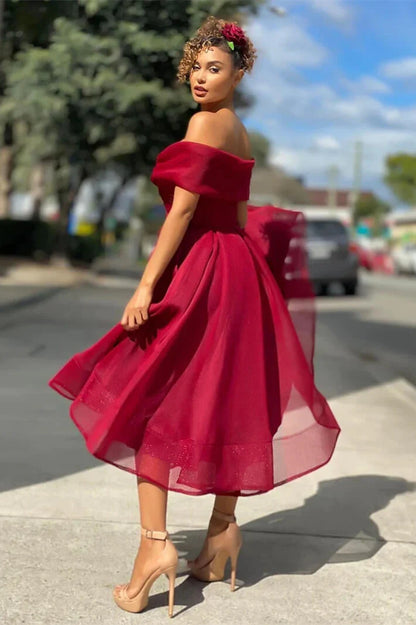 Burgundy Off The Shoulder A Line Short Evening Dress Cocktail Dress Sexy Party Dress Formal Dress