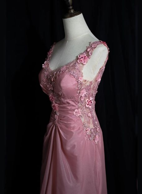 Retro V Neck Sleeveless Pink Beaded 3D Appliques  Long Prom Dress Backless Mermaid Birthday Party Dress SP491