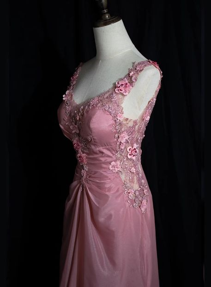 Retro V Neck Sleeveless Pink Beaded 3D Appliques  Long Prom Dress Backless Mermaid Birthday Party Dress SP491