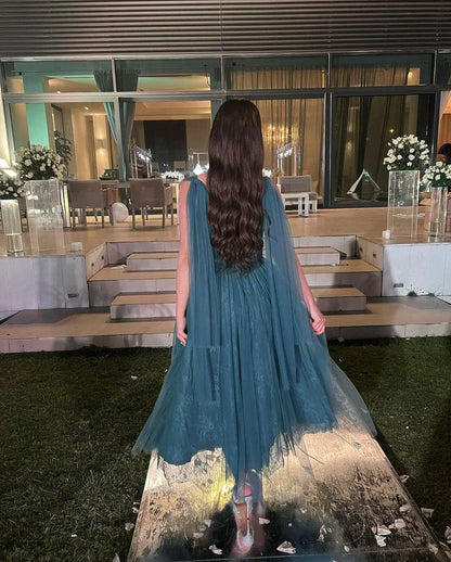 omberprom Elegant Formal Women's Dresses Blue A Line Tulle Prom Dress Lace Evening Party Gown